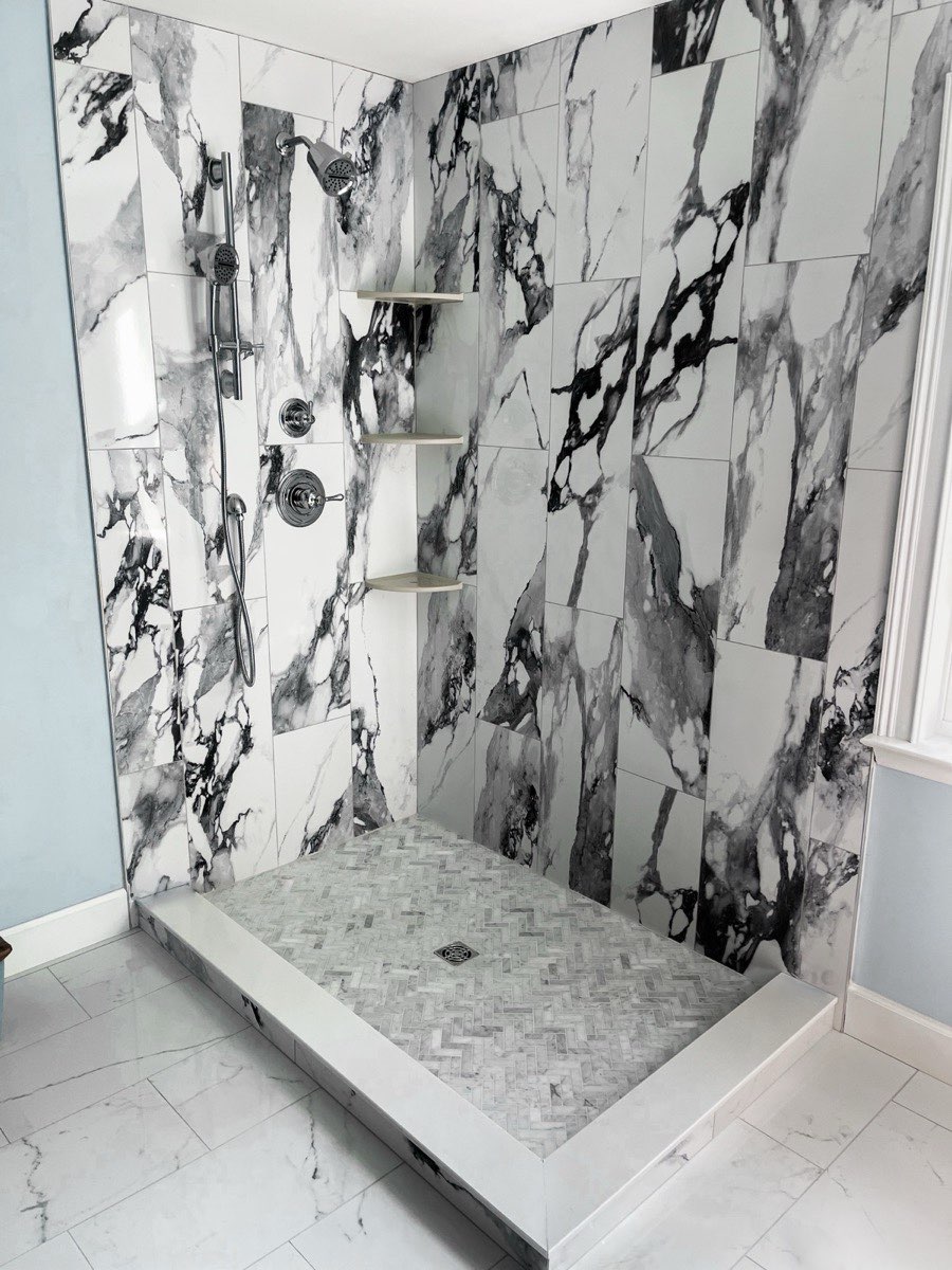 Black and white marble shower installation in Charlotte NC